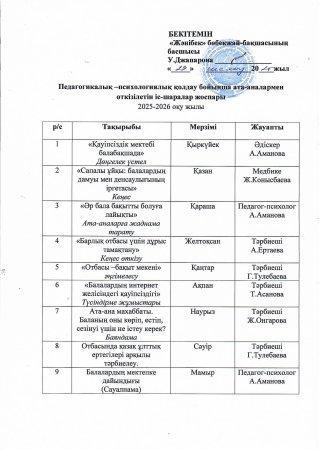 Педагогикалық-психологиялық қолдау бойынша ата-аналармен өткізілетін іс-шаралар жоспары 2025-2026 оқу жылы
